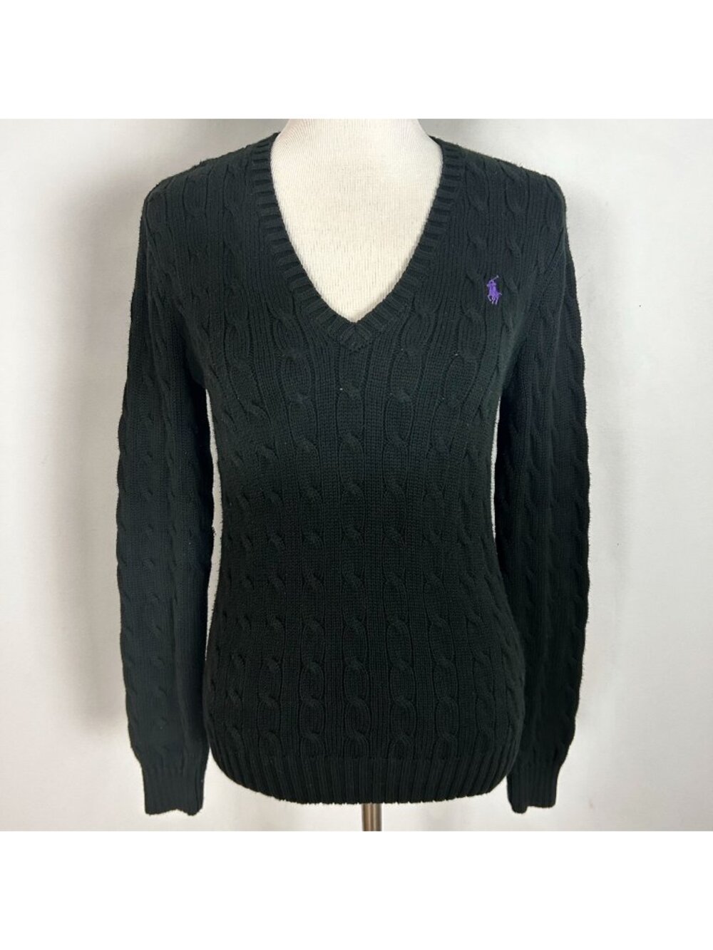 Vtg Ralph Lauren Sport Black Cable Knit V-neck Sweater Old Money‎ Y2K Size Large